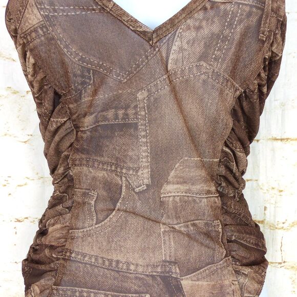 Y2K Bodysuit Women M Brown Jean Pocket Trompe Loeil Mesh Sheer Ruched V-neck VTG - Picture 5 of 15